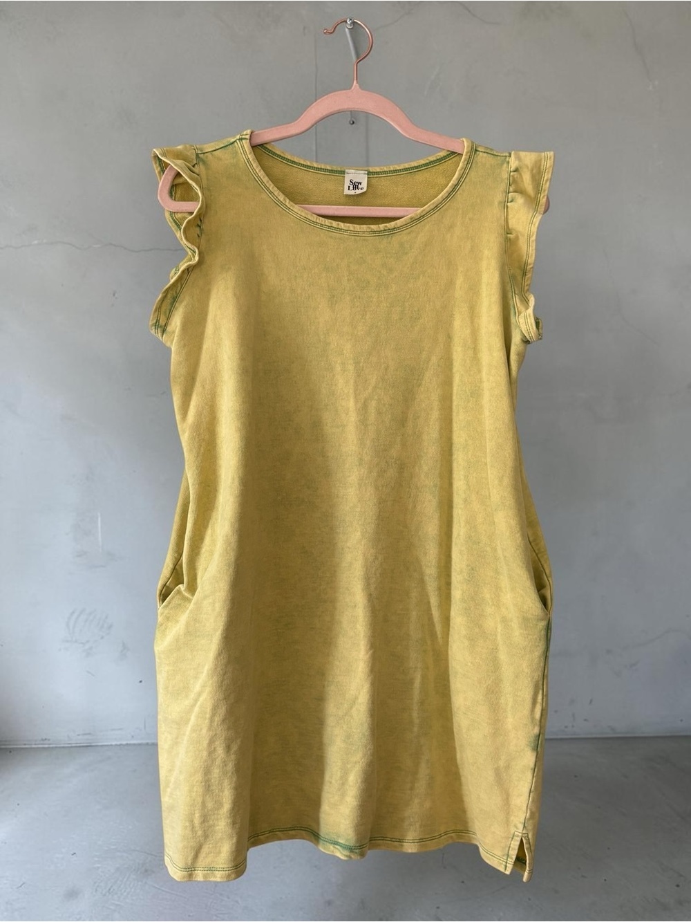 Sew In Love Flutter Sleeve Tunic Dress With Pockets Yellow Green Acid Wash Sz Sm